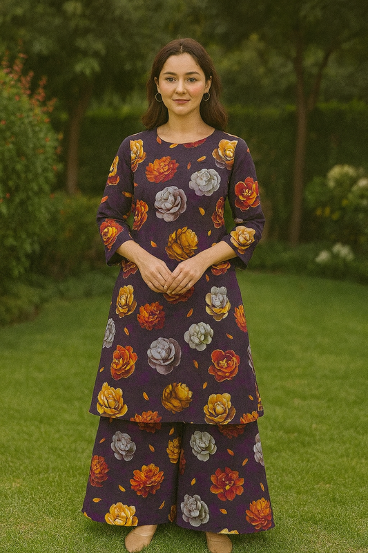 Bin Saeed Cotrai 2-Piece Printed Suit – Deep Purple Floral - Khoobsurat