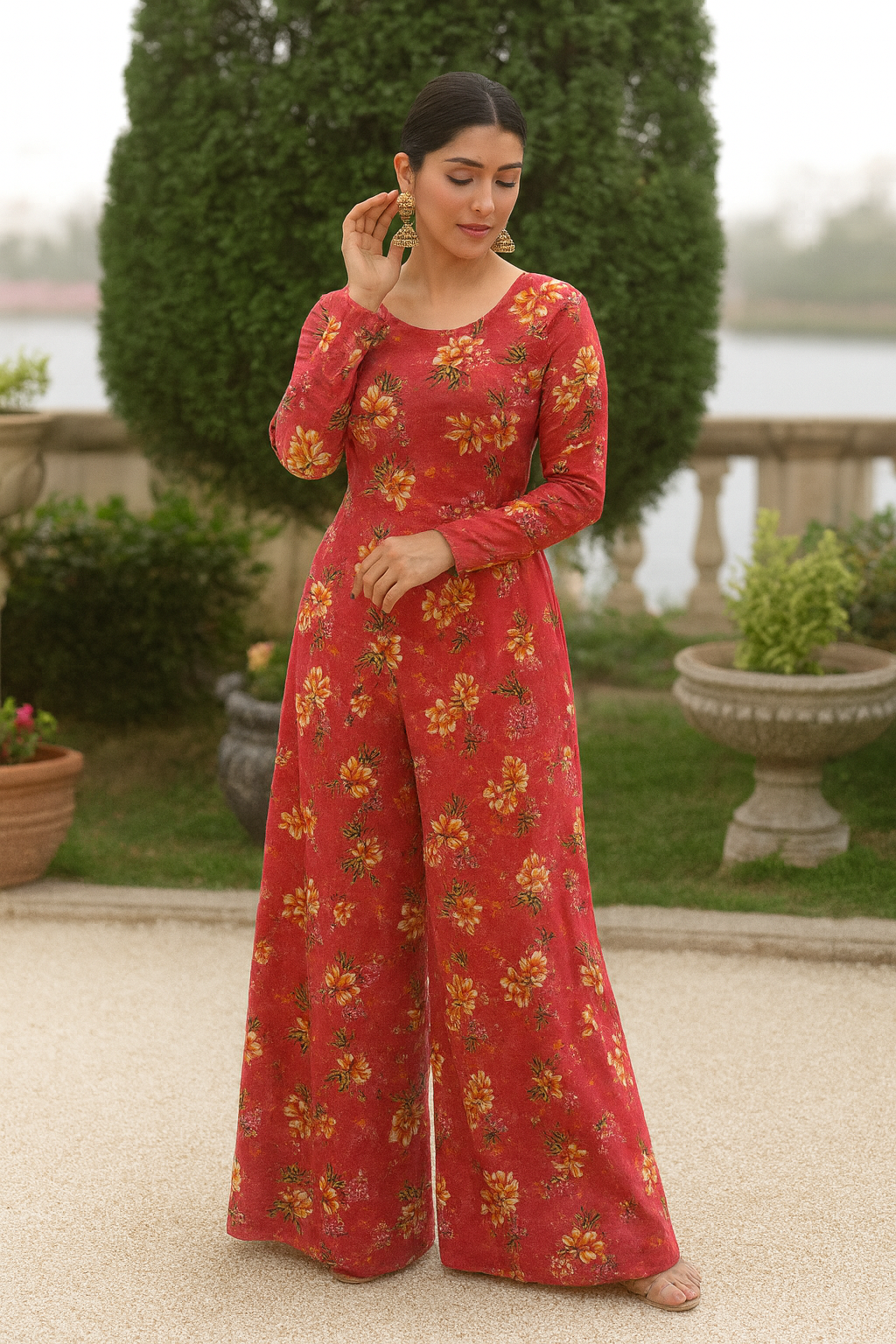 Bin Saeed Cotrai 2-Piece Printed Suit – Red Floral Wide-Leg - Khoobsurat