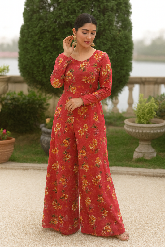 Bin Saeed Cotrai 2-Piece Printed Suit – Red Floral Wide-Leg - Khoobsurat