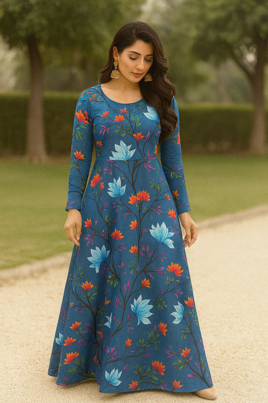 Bin Saeed Cotrai 2-Piece Printed Suit – Blue Blossom Maxi - Khoobsurat