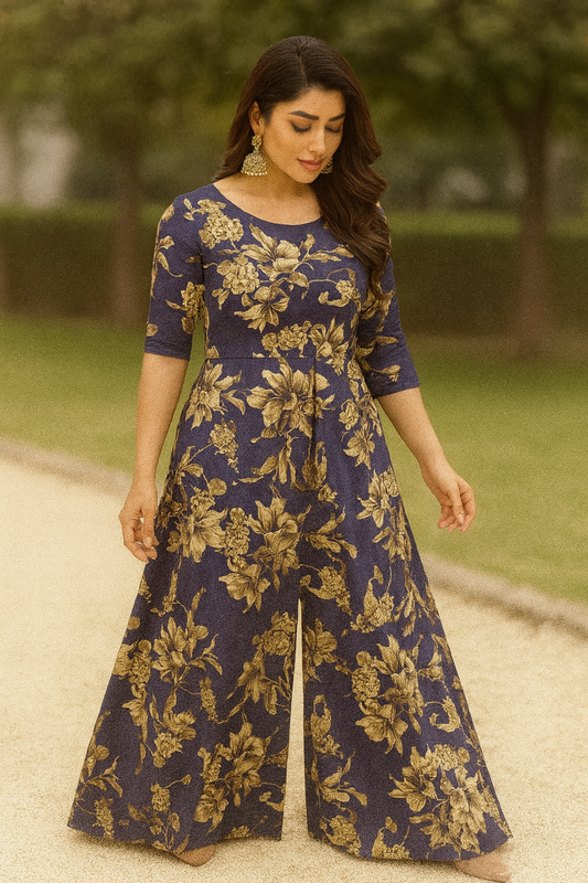 Bin Saeed Cotrai 2-Piece Printed Suit – Navy Gold Elegance - Khoobsurat
