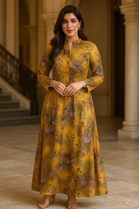 Bin Saeed Cotrai 2-Piece Printed Suit – Mustard Orchid Elegance - Khoobsurat