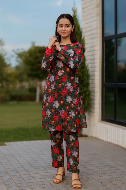 ITTEHAD Crystal Linen – Green & Red Floral 2 Piece Unstitched Suit Khoobsurat