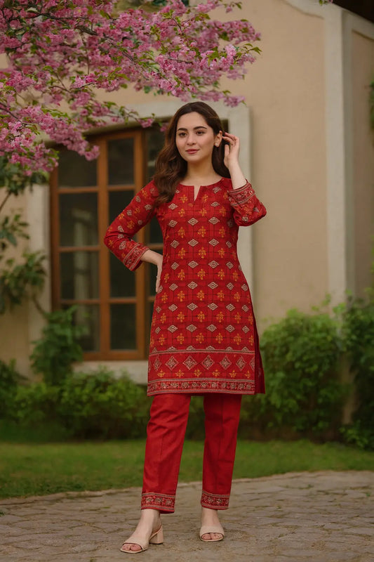 ITTEHAD Crystal Linen – Red Geometric Floral 2 Piece Unstitched Suit Khoobsurat