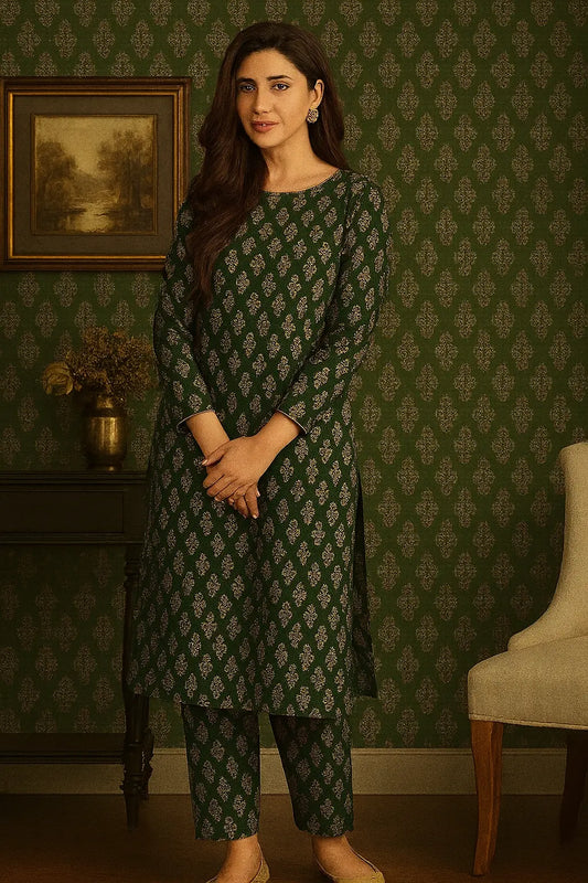 Nishat Classic Lawn 2-Piece Suit – Olive Green Floral (Unstitched) Khoobsurat