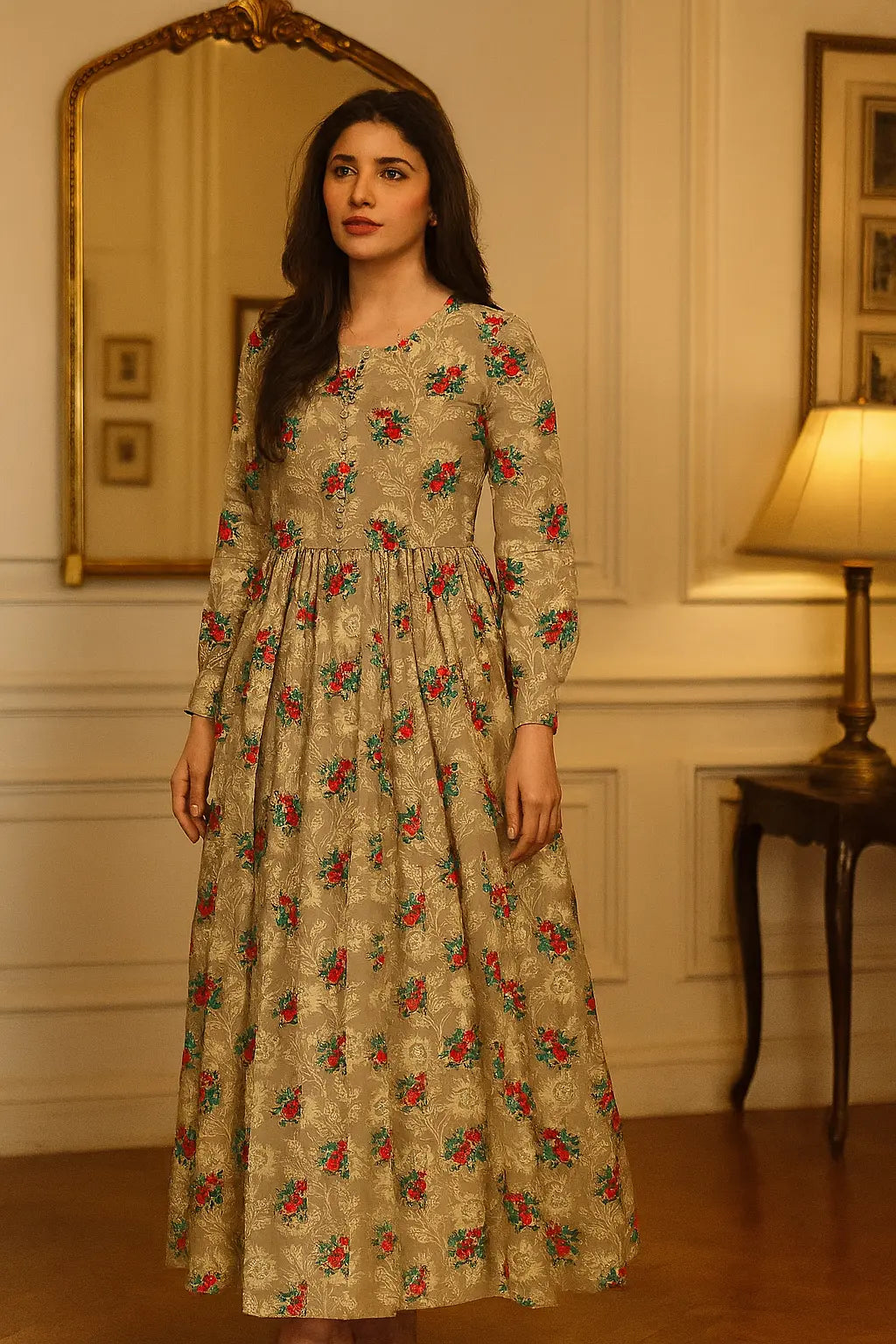 Nishat 2-Piece – Beige Garden Bloom with Embossed Floral Base (Unstitched) Khoobsurat