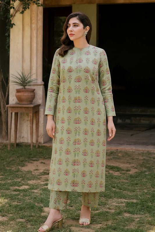 Nishat 2-Piece – Olive Pastel with Vase Floral Motifs (Unstitched) Khoobsurat