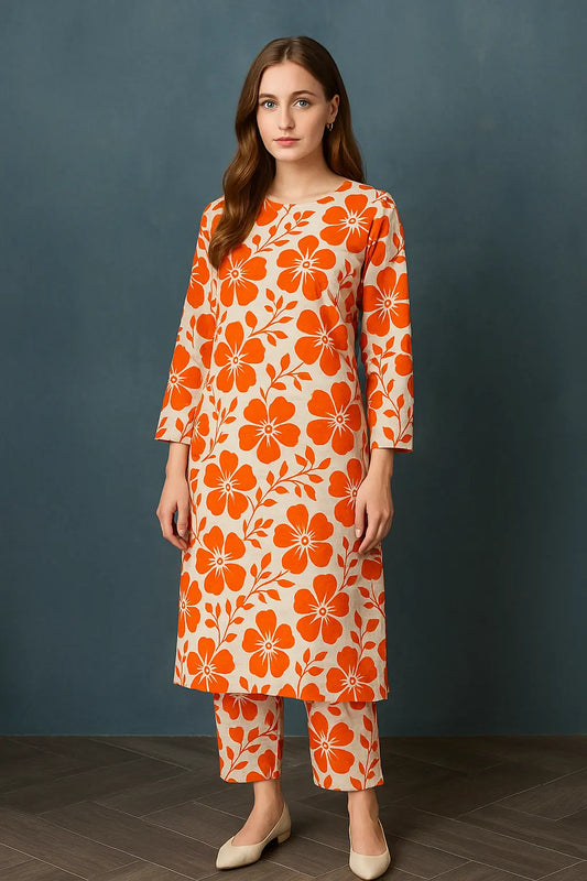 Bold Orange Floral Lawn 2-Piece Suit Khoobsurat