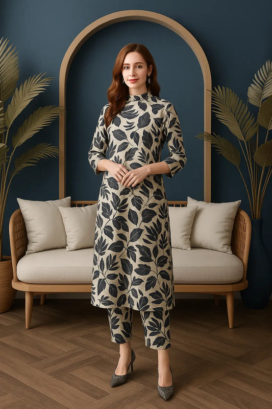 Beige & Black Leaf Print 2-Piece Lawn Suit – Elegant Neutral | Summer 2025 Khoobsurat