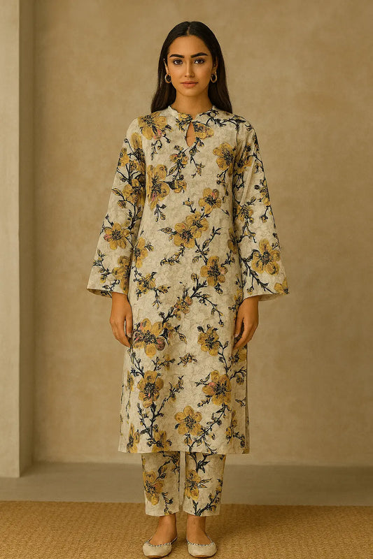 Antique Beige Floral 2-Piece Lawn Suit – Vintage Charm | Summer 2025 Khoobsurat