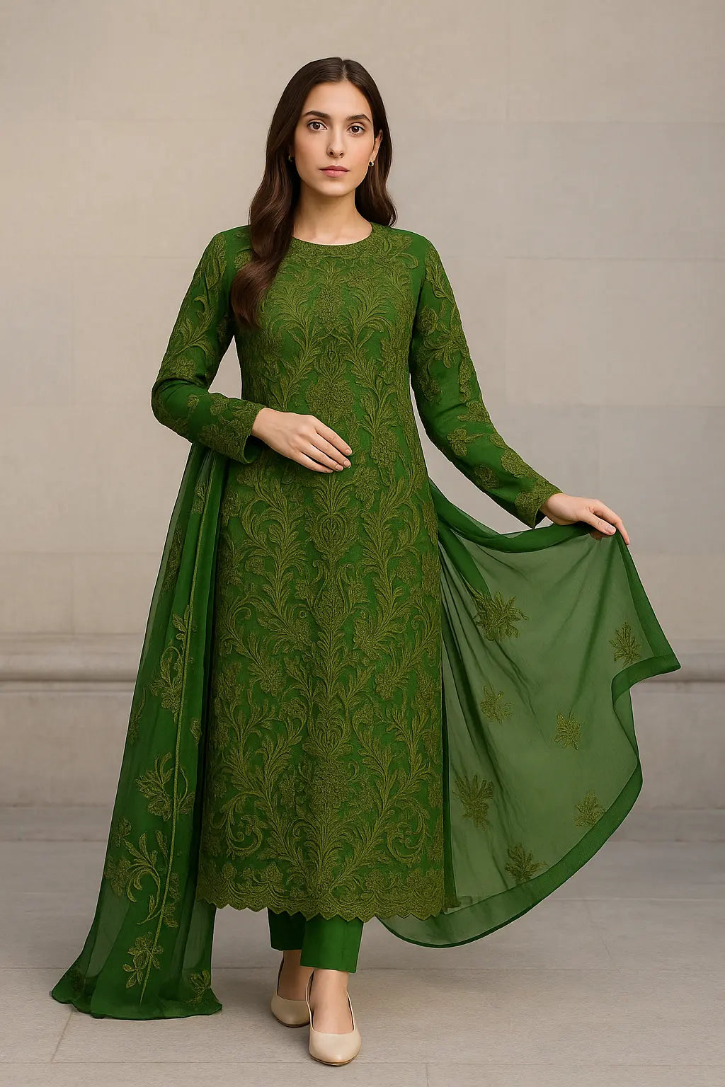 Emerald Green Embroidered 3-Piece Chiffon Suit – Formal & Festive | Luxury Wear 2025 Khoobsurat