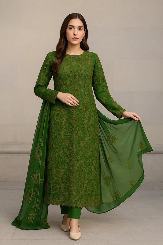 Emerald Green Embroidered 3-Piece Chiffon Suit – Formal & Festive | Luxury Wear 2025 Khoobsurat