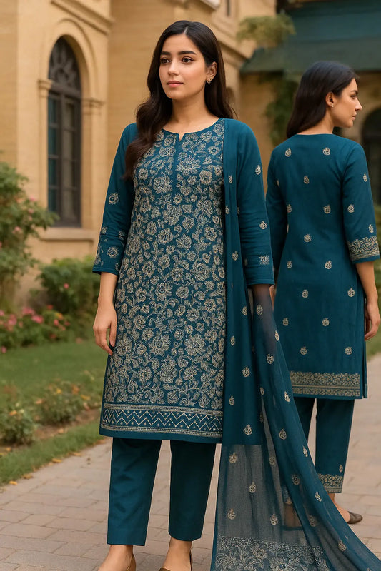 Teal Blue Embroidered 3-Piece Lawn Suit – Classic Elegance | Summer '25 Collection Khoobsurat