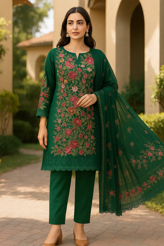 Deep Green Floral Embroidered 3-Piece Suit – Luxury Chiffon | Festive Collection 2025 Khoobsurat