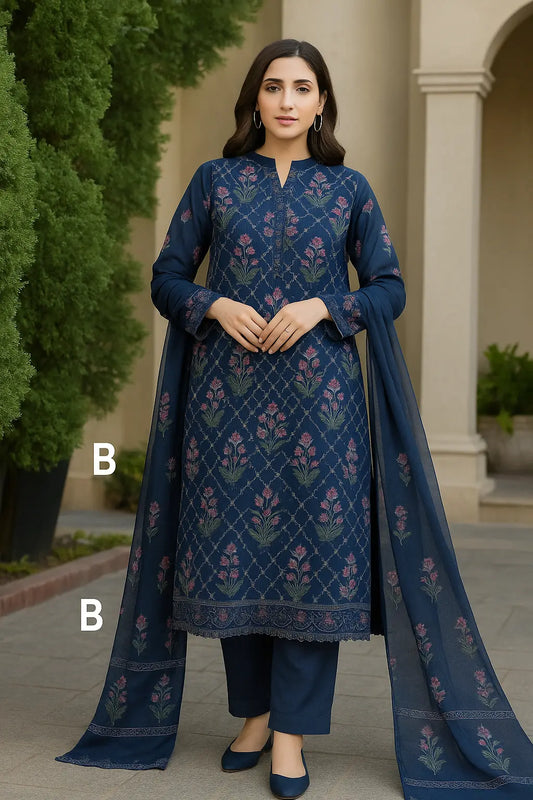 Navy Blue Embroidered 3-Piece Lawn Suit – Graceful Floral Elegance | Summer 2025 Khoobsurat