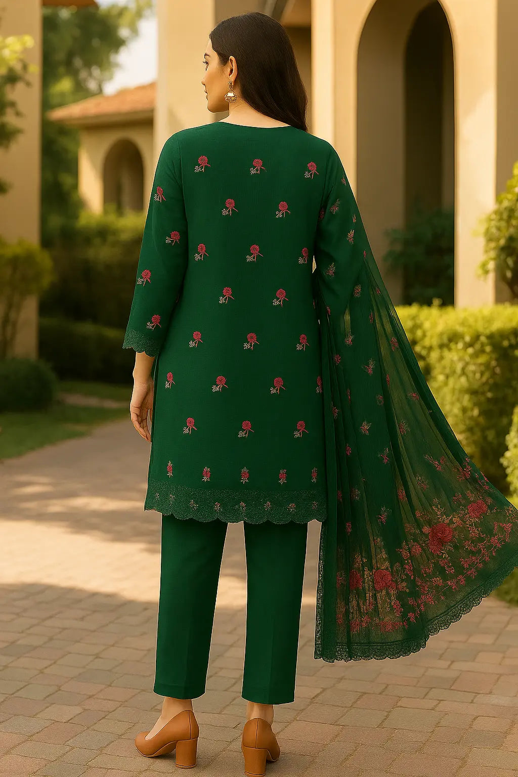 Deep Green Floral Embroidered 3-Piece Suit – Luxury Chiffon | Festive Collection 2025 Khoobsurat