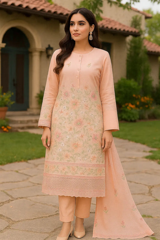 Soft Peach Embroidered 3-Piece Lawn Suit – Delicate Pastel Beauty | Summer ’25 Khoobsurat