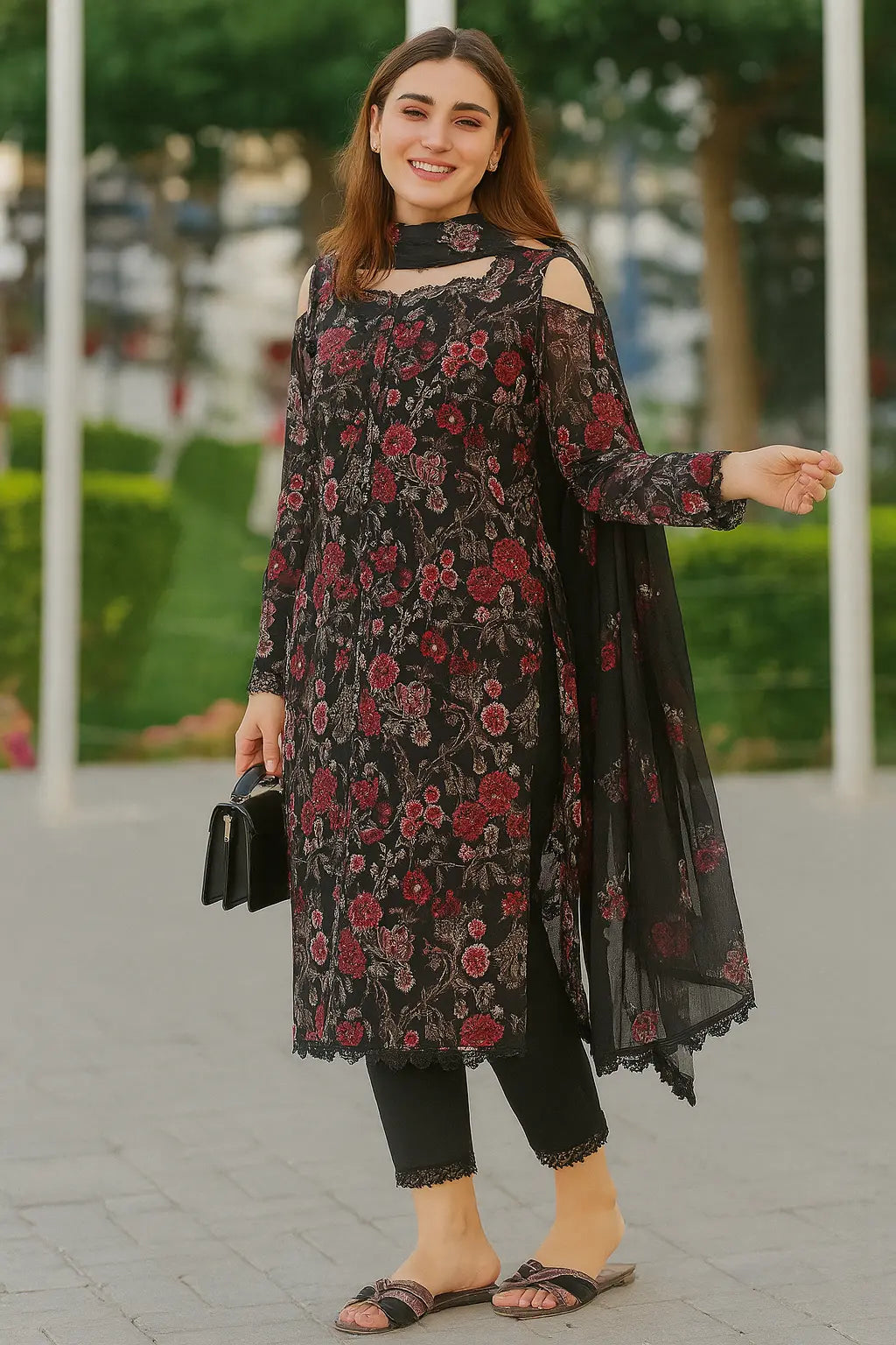 Black Floral Cut-Shoulder 3-Piece Lawn Suit – Trendy & Festive | Summer Glam 2025 Khoobsurat