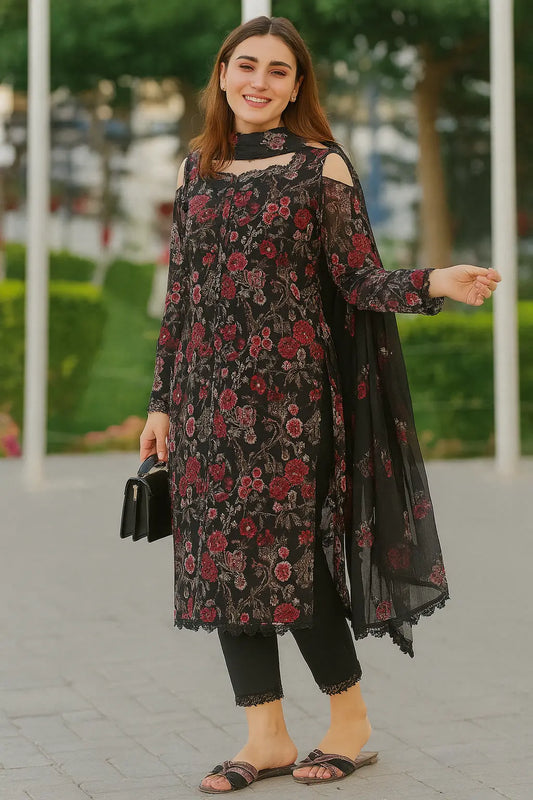 Black Floral Cut-Shoulder 3-Piece Lawn Suit – Trendy & Festive | Summer Glam 2025 Khoobsurat