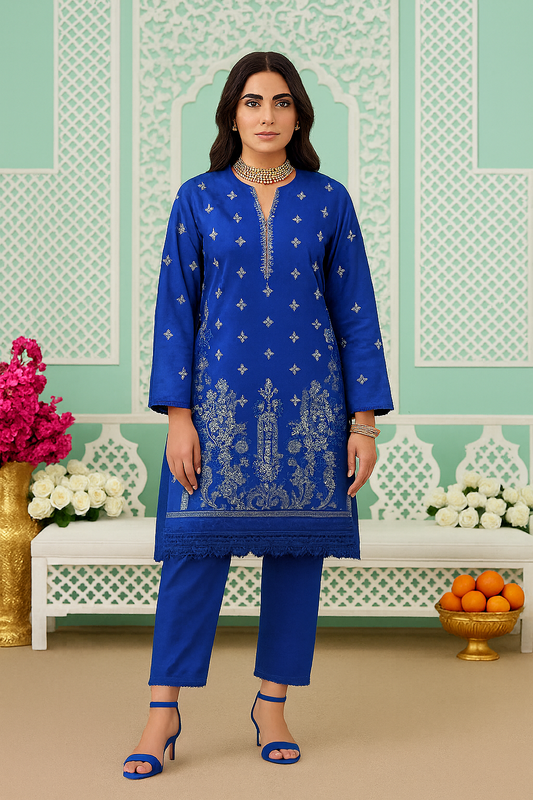 Royal Blue 2-Piece Embroidered Khaddar Suit - Khoobsurat