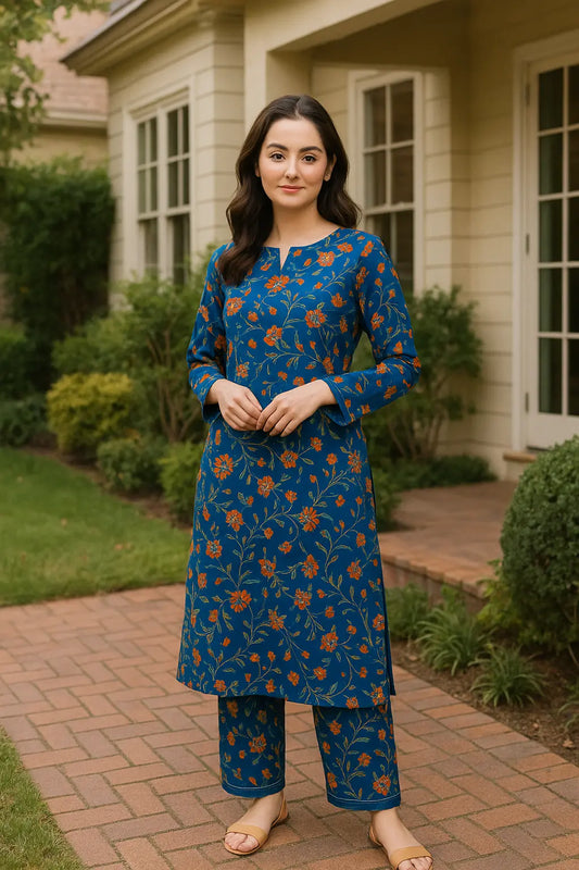 Blue Floral Printed Lilen Unstitched 2-Piece Suit Khoobsurat