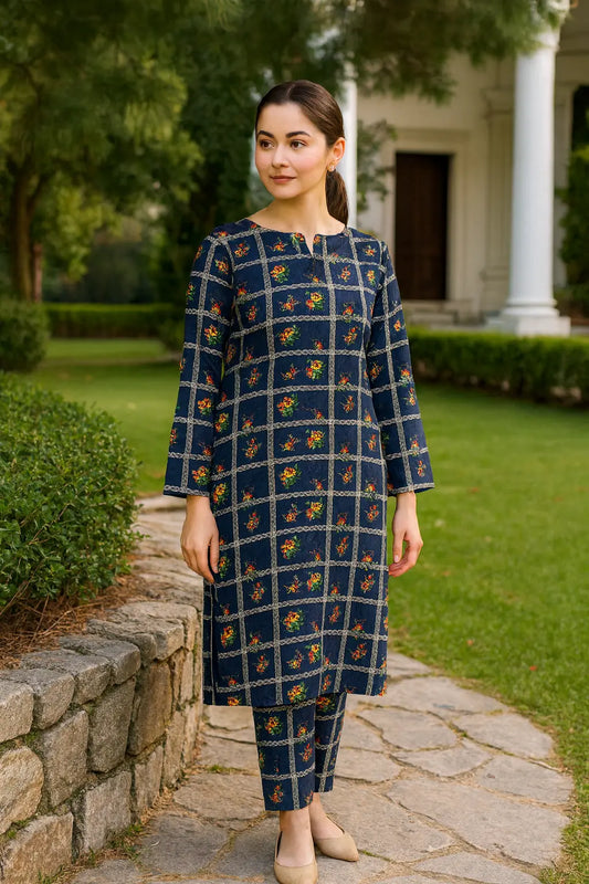 ITTEHAD Crystal Linen – Navy Geometric Floral 2 Piece Unstitched Suit Khoobsurat