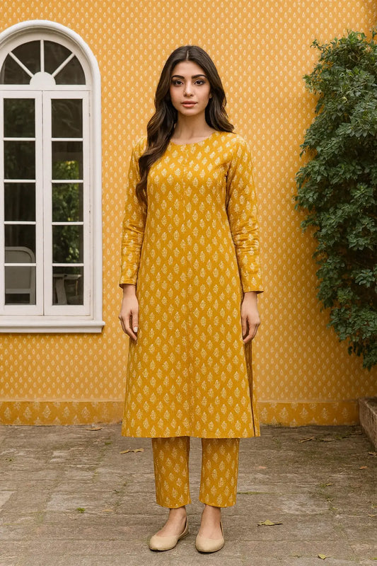 Sapphire 2-Piece – Mustard Minimal Leaf Motif (Unstitched) Khoobsurat