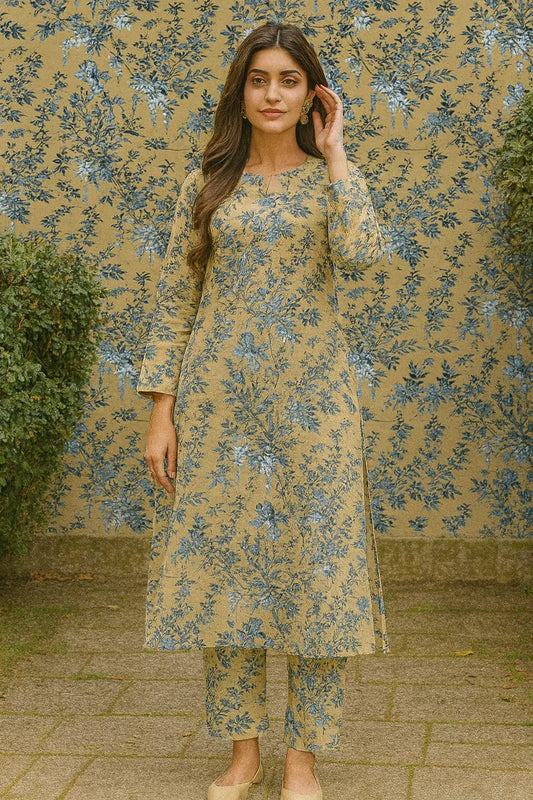 Sapphire 2-Piece – Blue Botanical on Caramel Base (Unstitched) Khoobsurat