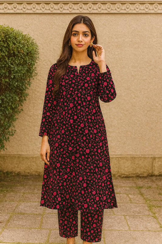 Sapphire 2-Piece – Pink Blossom Garden on Black (Unstitched) Khoobsurat