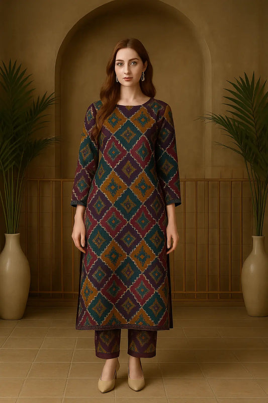 Ethnic Diamond Weave 2-Piece Khaddar Suit – Deep Hues & Winter Elegance | Premium 2025 Khoobsurat