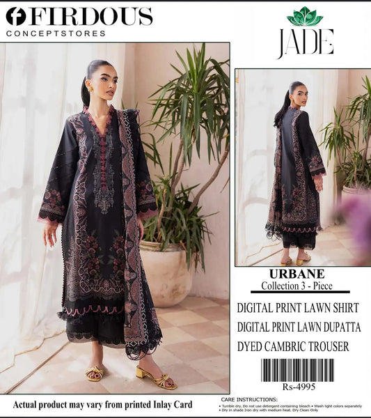 Firdous Urbane Collection 3-Piece Digital Print Lawn Suit - JADE (Black) Khoobsurat