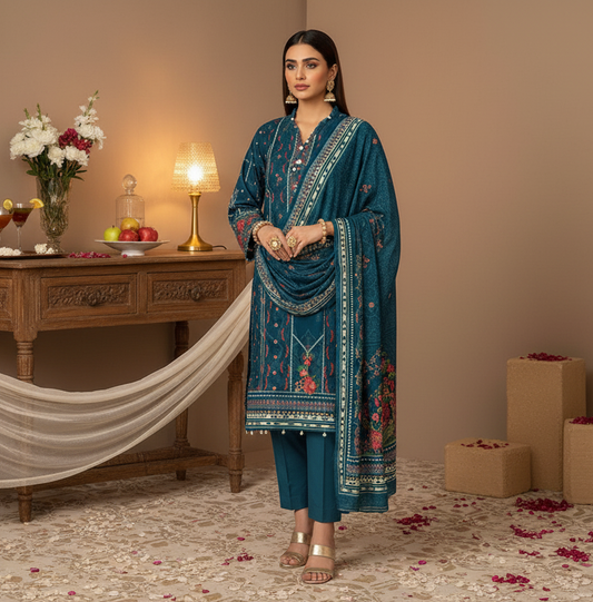 Hooriya Gold Viscose 3 Piece – Teal Blue Floral Elegance - Khoobsurat