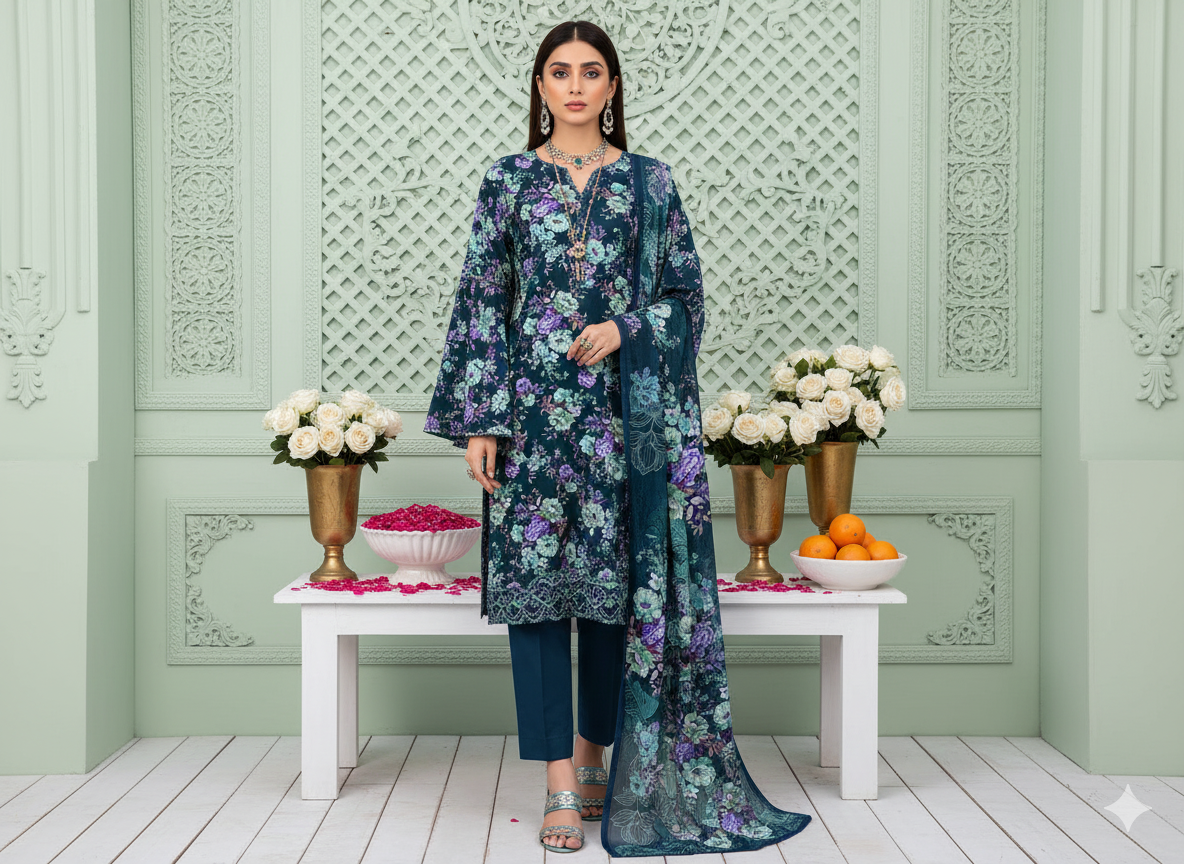 I.J by Hooriya Gold – Teal Twilight 3-Piece Unstitched Viscose Suit - Khoobsurat