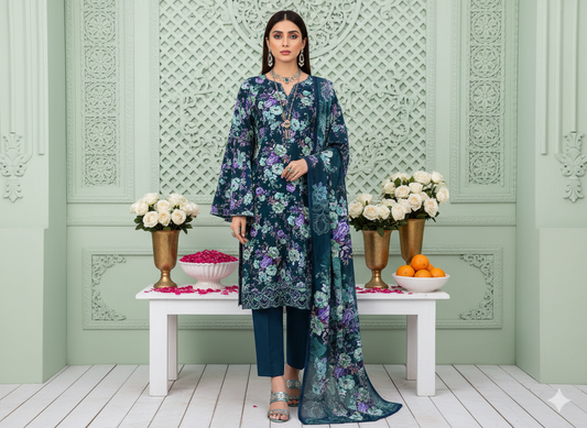 I.J by Hooriya Gold – Teal Twilight 3-Piece Unstitched Viscose Suit - Khoobsurat