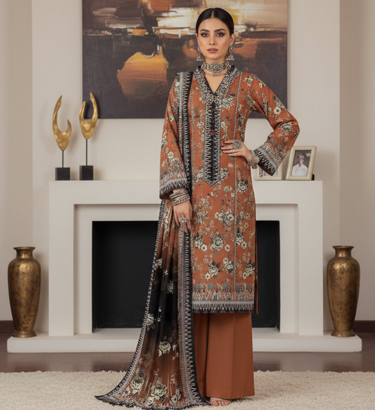 Hooriya Gold Viscose 3 Piece – Rust Floral Elegance - Khoobsurat