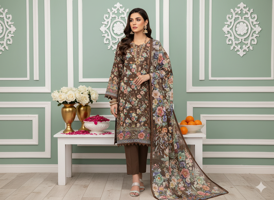 I.J by Hooriya Gold – Luxe Bloom 3-Piece Unstitched Lawn Suit - Khoobsurat