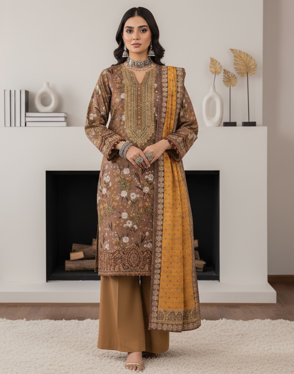 Hooriya Gold Viscose 3 Piece – Brown Mustard Floral Classic - Khoobsurat