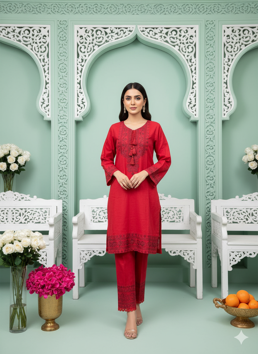 Crimson Red 2-Piece Embroidered Khaddar Suit - Khoobsurat