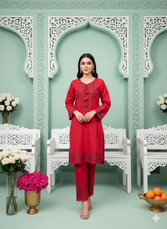 Crimson Red 2-Piece Embroidered Khaddar Suit - Khoobsurat