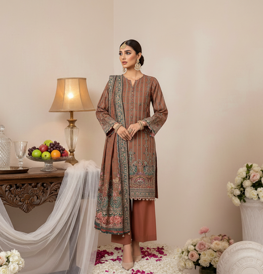 Hooriya Gold Viscose 3 Piece – Rust Copper Regal Elegance - Khoobsurat