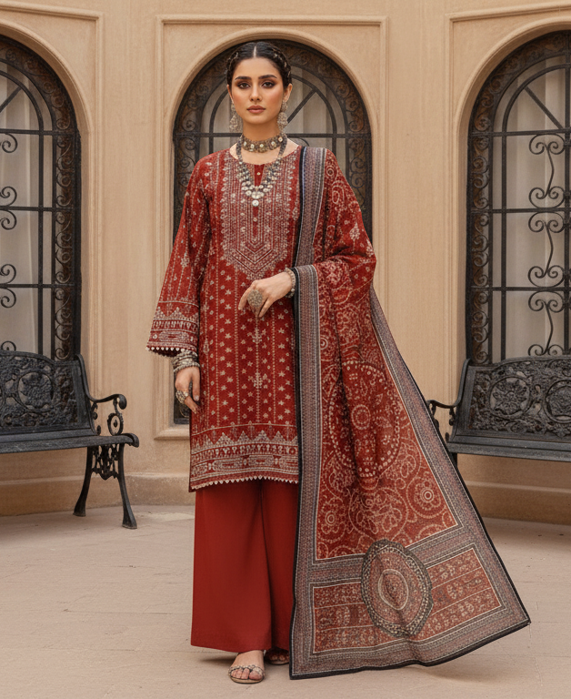 Hooriya Gold Viscose 3 Piece – Deep Red Heritage Elegance - Khoobsurat