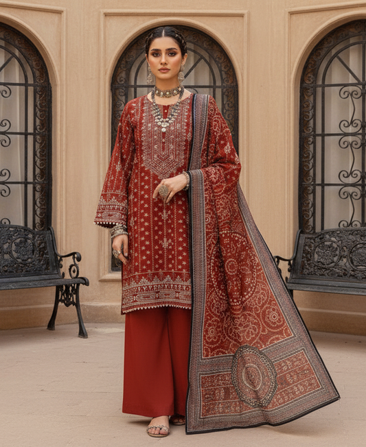 Hooriya Gold Viscose 3 Piece – Deep Red Heritage Elegance - Khoobsurat