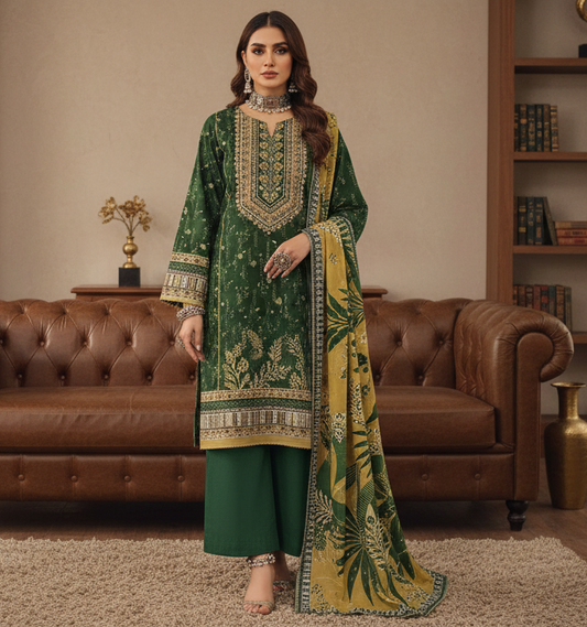 Hooriya Gold Viscose 3 Piece – Emerald Green Festive Grace - Khoobsurat