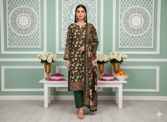 I.J by Hooriya Gold – Rosewood Garden 3-Piece Unstitched Viscose Suit - Khoobsurat