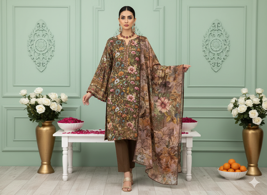 I.J by Hooriya Gold – Autumn Rust 3-Piece Unstitched Viscose Suit - Khoobsurat