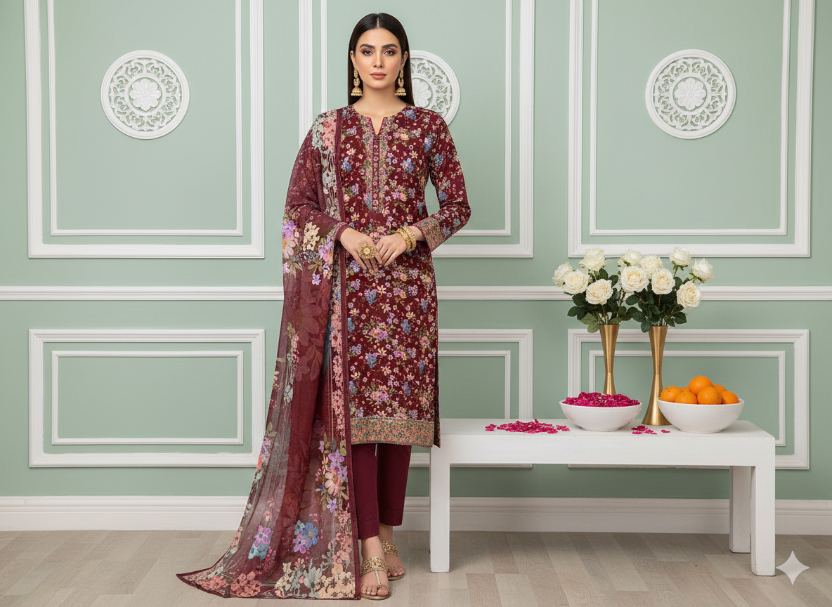 I.J by Hooriya Gold – Crimson Bloom 3-Piece Unstitched Viscose Suit - Khoobsurat