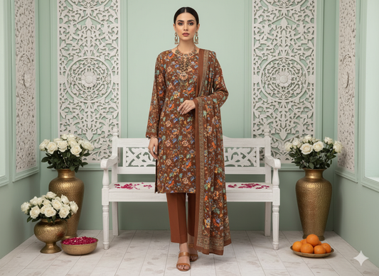 I.J by Hooriya Gold – Amber Garden 3-Piece Unstitched Viscose Suit - Khoobsurat