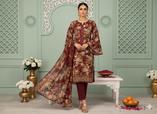 I.J by Hooriya Gold – Maroon Elegance 3-Piece Unstitched Viscose Suit - Khoobsurat