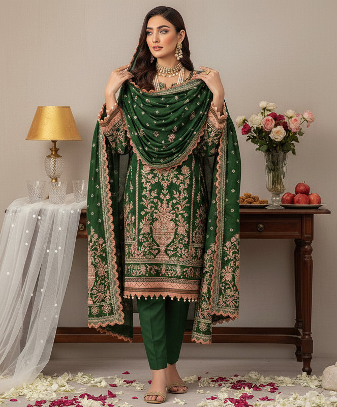 Hooriya Gold Viscose 3 Piece – Emerald Green Regal Charm - Khoobsurat
