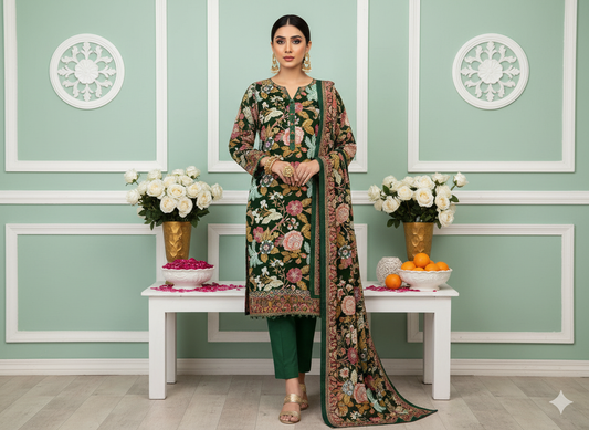 I.J by Hooriya Gold – Maroon Elegance 3-Piece Unstitched Viscose Suit - Khoobsurat